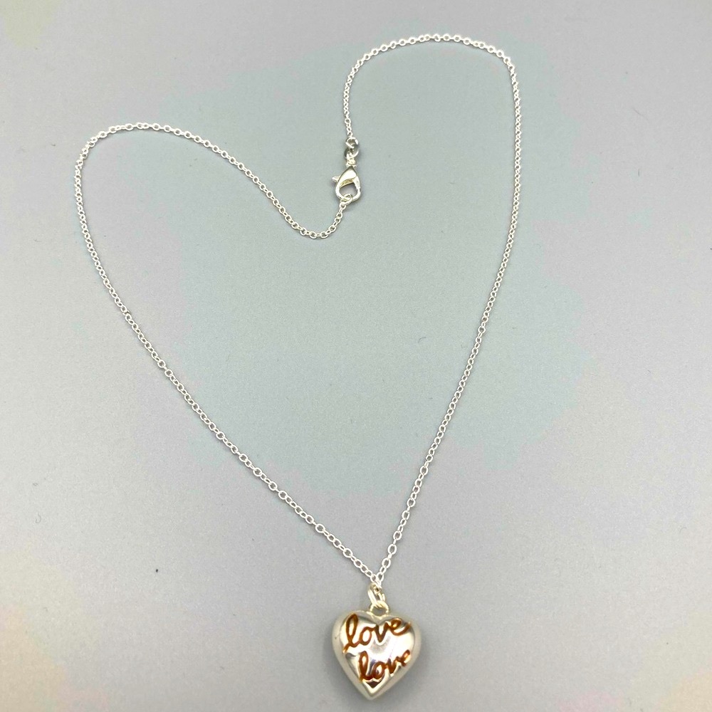 Puffed “Love” Heart Pendant Necklace - Sterling Silver